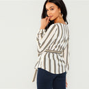Elegant Striped Print Scoop Neck Long Sleeve Blouse
