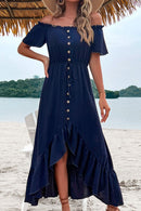 Off-Shoulder Decorative Button Ruffle Hem Dress
