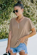 Decorative Button Curved Hem V-Neck Top