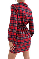 Plaid Tie Front Ruched Mini Shirt Dress