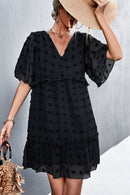 Swiss Dot Frill Trim V-Neck Lined Dress