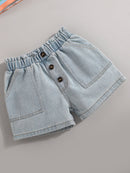 Girls Striped T-Shirt and Button Fly Denim Shorts