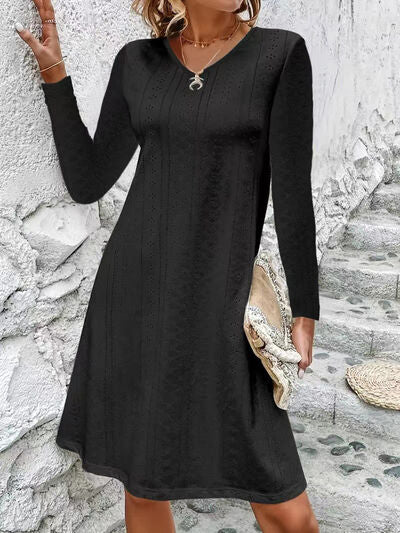 Eyelet V-Neck Long Sleeve Mini Dress