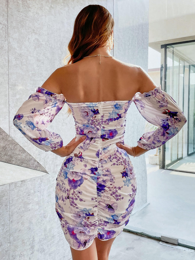 Floral Ruched Off-Shoulder Bodycon Dress