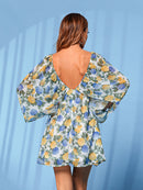 Floral Tie Front Deep V Split Sleeve Dress