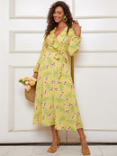 Floral Tie Waist Ruffled V-Neck Dress