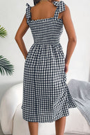 Plaid Tie Shoulder Frill Trim Midi Dress
