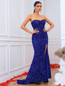 Sequin Zip-Back Strapless Split Floor-Length Dress