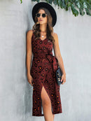 Printed Spaghetti Strap V-Neck Belted Dress