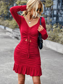 Cutout Ruched Ruffle Hem Tie Front Dress