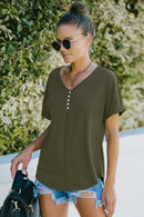 Decorative Button Curved Hem V-Neck Top