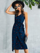Printed Spaghetti Strap V-Neck Belted Dress