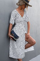 Printed Elastic Cuff Tie Waist Wrap Dress