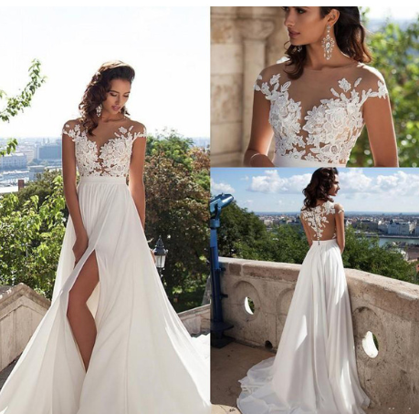 Bohemian wedding dress A word applique floor length chiffon bride dress custom side  elegant wedding dress