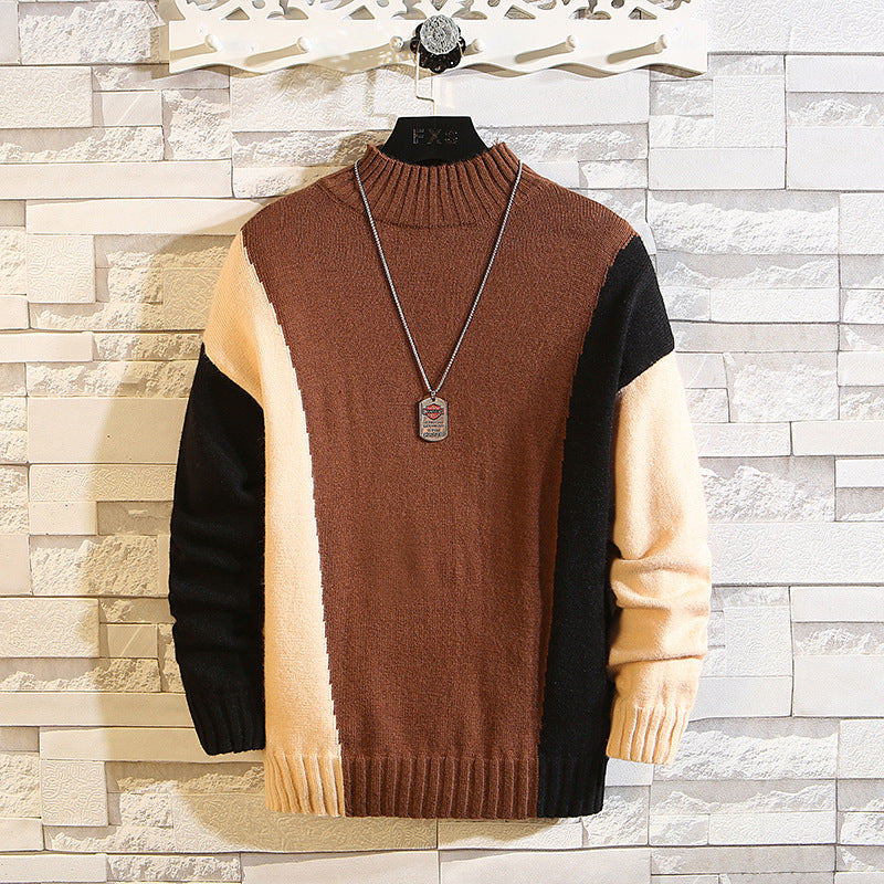 New Men's Semi Turtleneck Pullover With Contrast Stitching Sweater