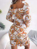 Printed Drawstring Ruffle Hem Dress