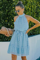 Swiss Dot Tie-Waist Tiered Sleeveless Dress