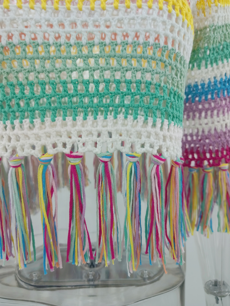 Women's Colorblock Crochet Tassel Beach Cover-Ups