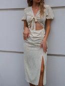 Ditsy Floral Tie Front Cutout Split Dress