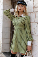 Polka Dot Puff Sleeve Collared Dress