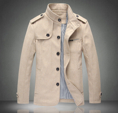 Winter new men's stand-up collar woolen trench coat