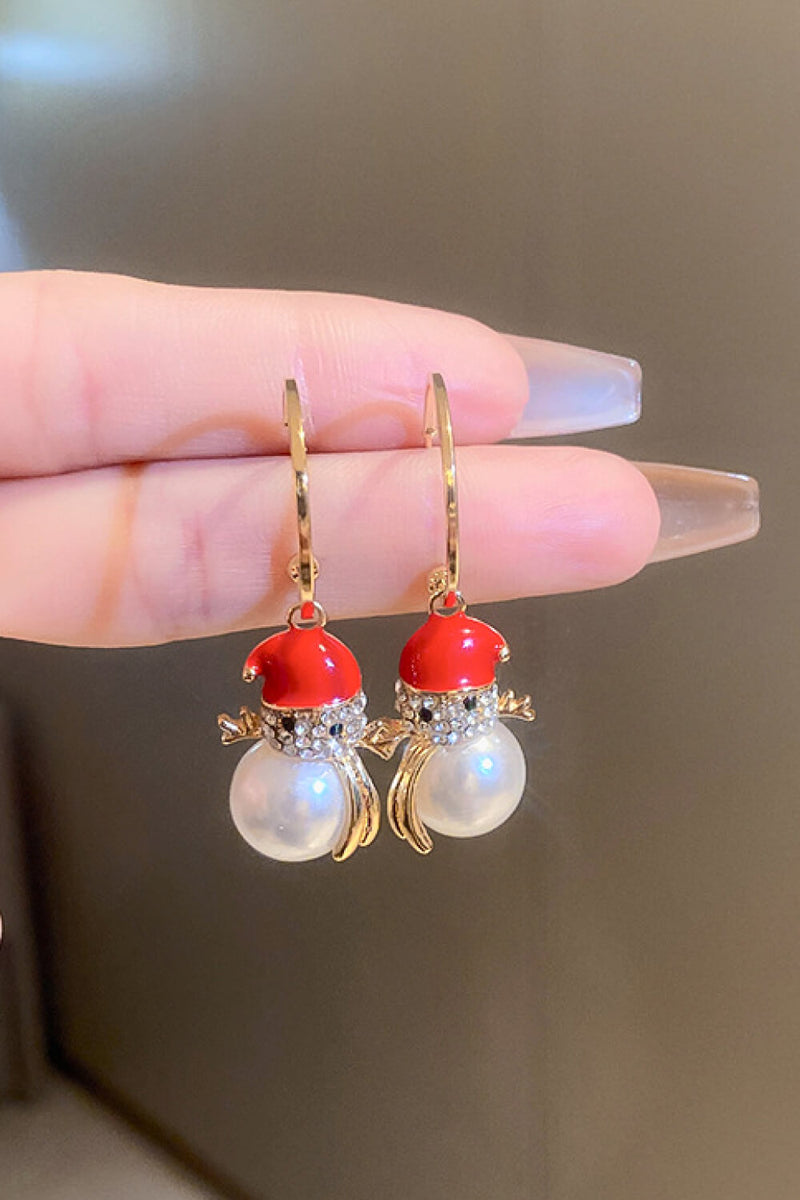 Christmas Rhinestone Pearl Snowman Drop Earrings