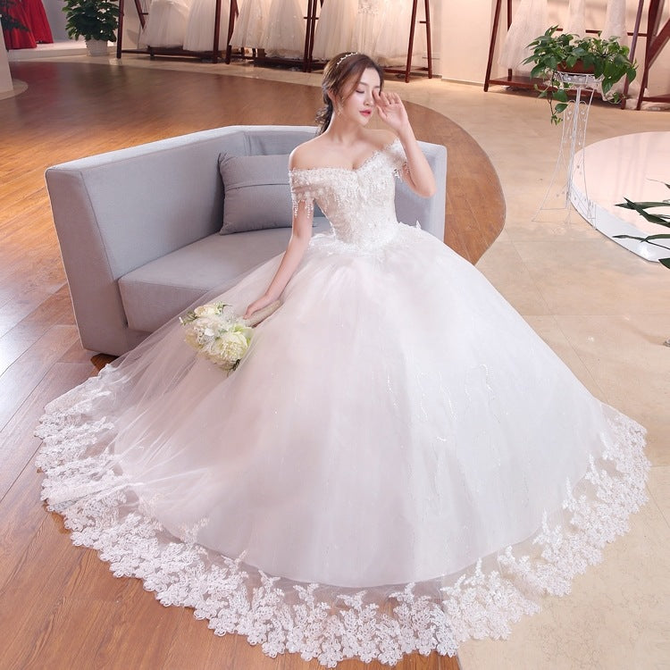 Shoulder-to-shoulder Wedding Dress Bridal Lace Plus Size Thin Shoulder Wedding Dress