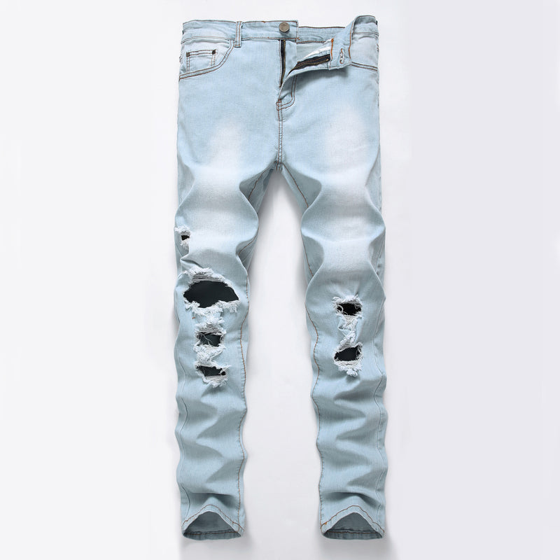 Men's Foreign Trade Light White Blue Big Hole Slim Jeans