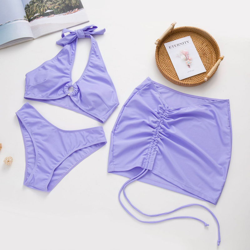 Women's Solid Color Drawstring Skirt Bikini Three-Piece Set