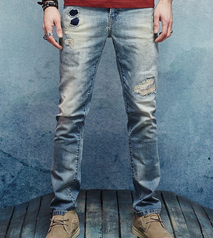 New summer men's straight hole jeans men's cotton wear patch jeans men's trend men's pants