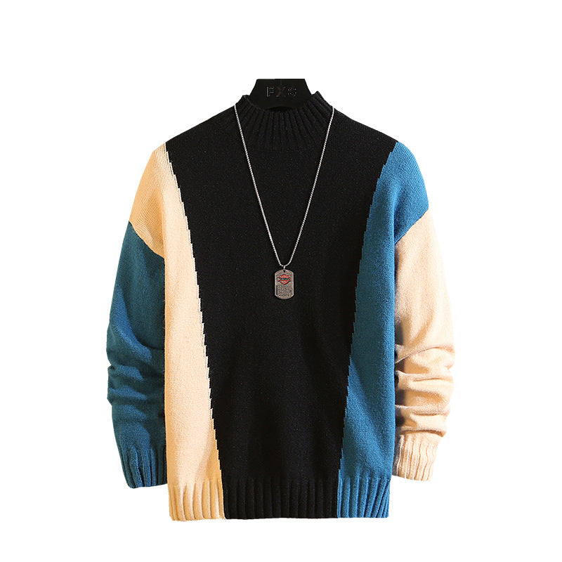 New Men's Semi Turtleneck Pullover With Contrast Stitching Sweater