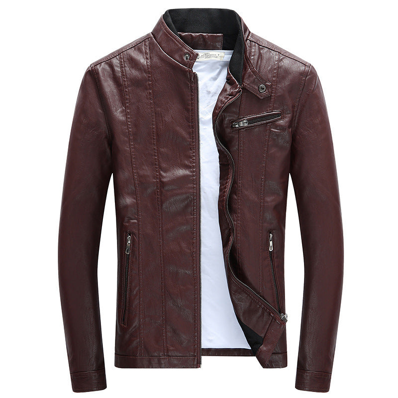 Men's Stand Collar Slim Short PU Motorcycle Leather Jacket