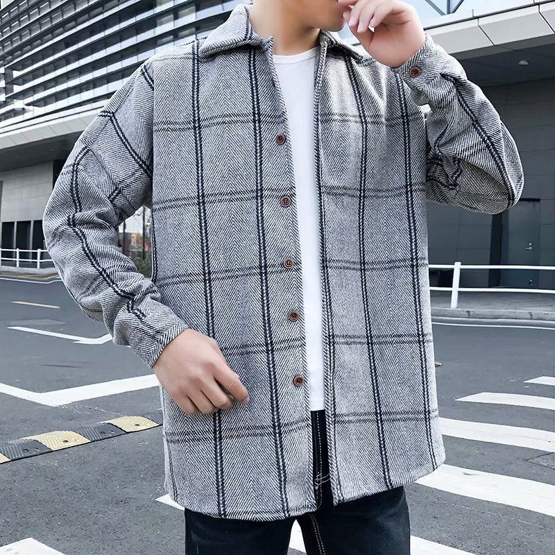 Fashion All-Match Retro Male Woolen Plaid Trench Coat