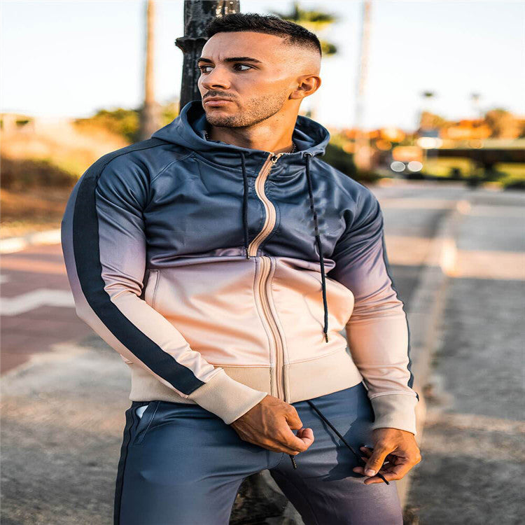 Sports Fitness Men's Cardigan Elastic Hooded Suit