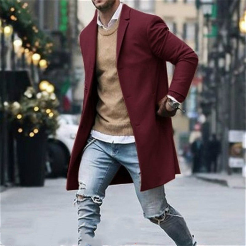 Men's Windbreaker Simple Woolen Coat Casual Woolen Mid Length Coat