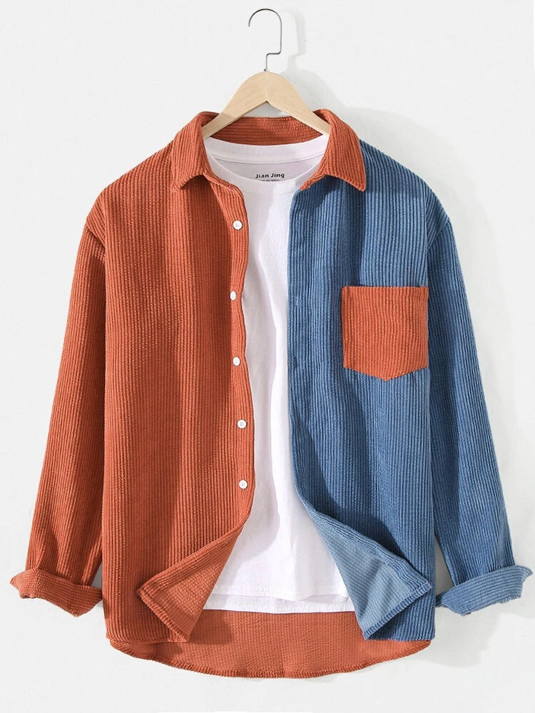 Men's Fashion Color Contrast Lapel Corduroy Jacket