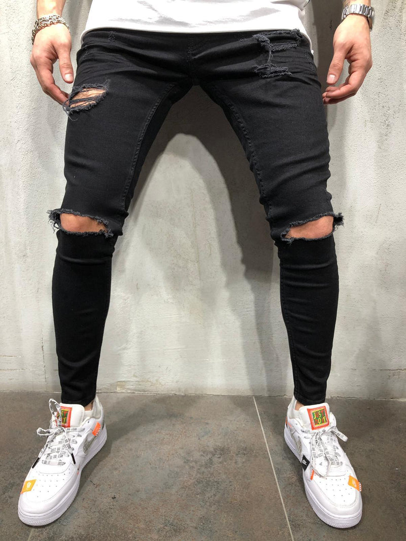New Black Small Feet Jeans Men's Ripped Straight Leg Jeans