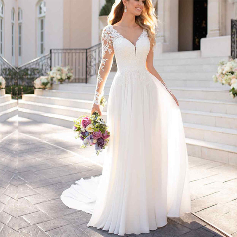 Sexy Backless Deep V-neck Tail White Wedding Evening Dress
