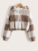 Girls Buffalo Plaid Pattern Drop Shoulder Teddy Hoodie