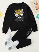 Boys Slogan And Tiger Print Pullover Sweatpants