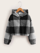 Girls Buffalo Plaid Pattern Drop Shoulder Teddy Hoodie