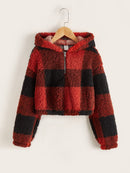 Girls Buffalo Plaid Pattern Drop Shoulder Teddy Hoodie