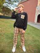Boys Pocket Patched Sweatshirt Tartan Print Pants Set