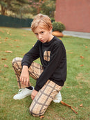Boys Pocket Patched Sweatshirt Tartan Print Pants Set