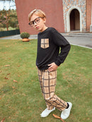 Boys Pocket Patched Sweatshirt Tartan Print Pants Set