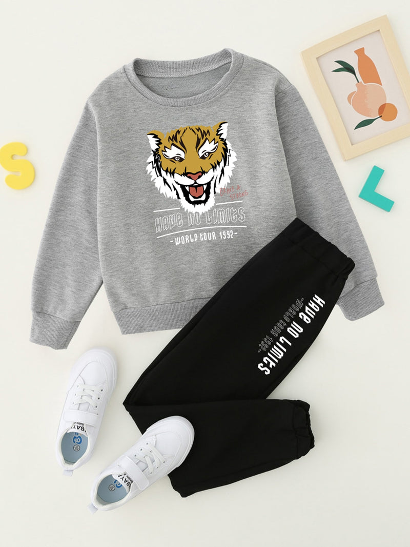 Boys Slogan And Tiger Print Pullover Sweatpants