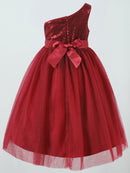 Girls Contrast Sequin One Shoulder Mesh Overlay Belted Gown Dress