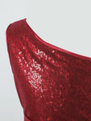 Girls Contrast Sequin One Shoulder Mesh Overlay Belted Gown Dress