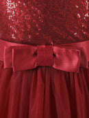 Girls Contrast Sequin One Shoulder Mesh Overlay Belted Gown Dress