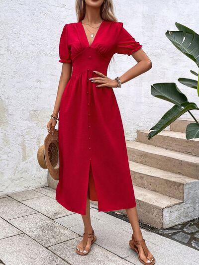 V-Neck Decorative Button Slit Midi Dress